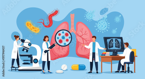Illustration of scientists studying lungs with viruses and bacteria. Includes lab tools, a microscope, and X-ray on a computer. Tone is educational and scientific.