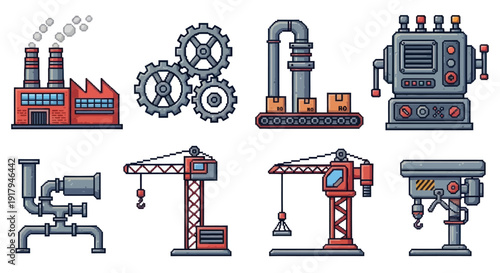 A collection of industrial machinery illustrations including factories, gears, pipes, and cranes