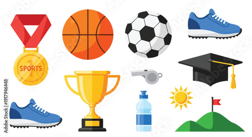 A vibrant collection of sports-related icons, including a gold medal, basketball, soccer ball, running shoes, trophy, graduation cap, water bottle, and a sunny hilltop with a flag.