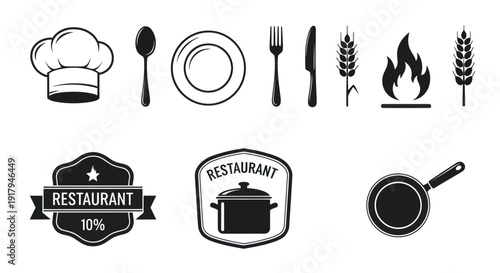 A collection of culinary icons featuring a chef hat, cutlery, wheat, fire, and restaurant badges