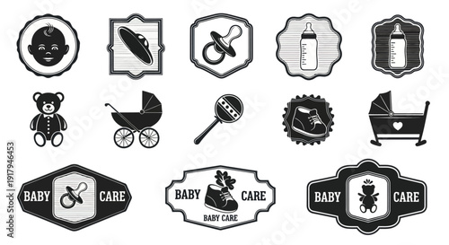 A collection of baby care icons featuring toys, bottles, strollers, and playful designs in black