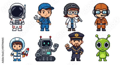 A colorful array of pixelated characters, including astronauts, a robot, and an alien figure