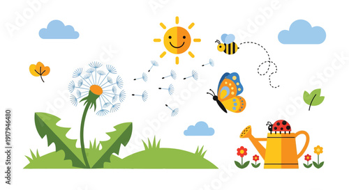 A vibrant cartoon illustration depicts a sunny spring day with a dandelion, a bee, a butterfly, a ladybug on a watering can, and fluffy clouds.