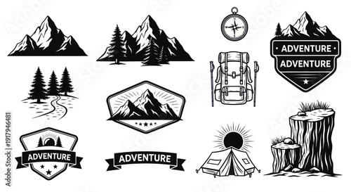 A collection of adventure-themed monochrome illustrations featuring mountains, trees, a compass, and camping gear