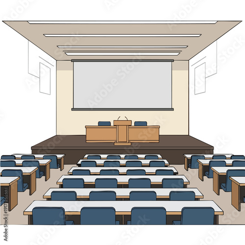 Empty Lecture Hall with Desks and Chairs