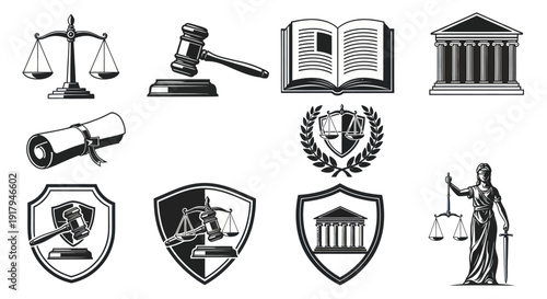 A collection of legal symbols including scales, gavel, courthouse, and Lady Justice in black and white
