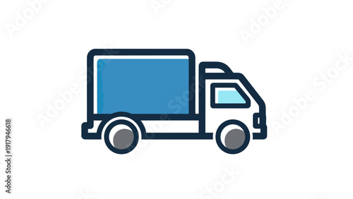 A flat illustration of a white delivery truck with a blue cargo area