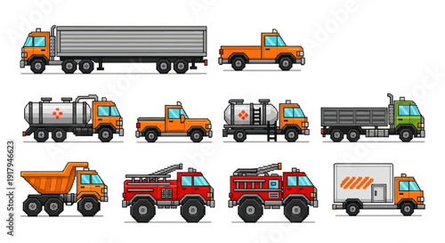 A collection of various stylized trucks including fire, dump, and fuel vehicles in vibrant colors