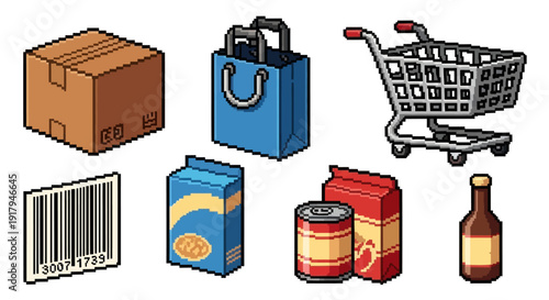 A collection of grocery items including a box, bags, a cart, and various packaged foods