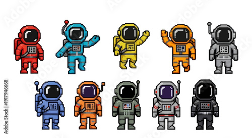 A colorful collection of pixelated astronauts in various suits, showcasing different poses and colors