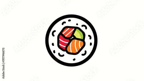 Vector illustration of a sushi roll with fish and avocado. Black outline and colorful filling