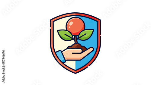 A hand cradles a plant sprouting leaves and a fruit within a shield