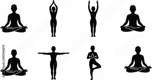 Yoga Silhouette Collection with Meditation, Tree Pose and Standing Stretch Exercises for Fitness and Mindfulness Practice