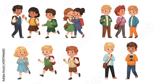 Collection of diverse cartoon children wearing school bags and walking or standing together happily