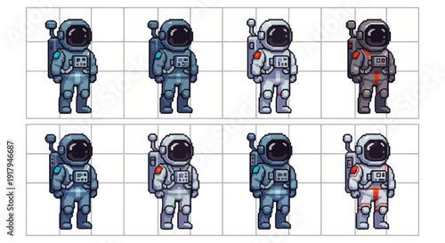 A grid of eight pixel art astronaut designs in varying colors and accessories, showcasing creativity