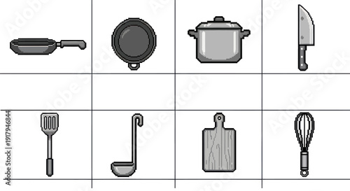 A collection of kitchen utensils including a frying pan, pot, knife, and others in pixel art style