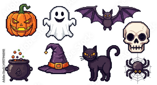 A whimsical collection of Halloween-themed pixel art icons featuring a pumpkin, ghost, bat, skull, and more