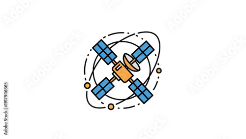 A stylized satellite with solar panels orbiting a planet, depicted on a white background