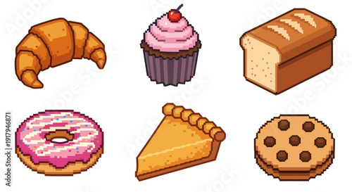 A pixel art collection featuring a croissant, cupcake, loaf of bread, donut, pie slice, and cookie