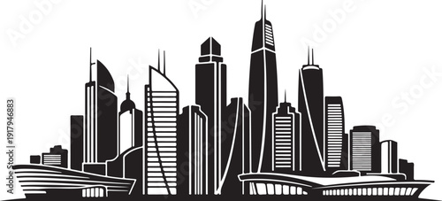 A striking black and white silhouette of a modern city skyline