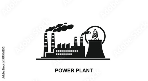 A silhouette of a power plant featuring smokestacks, cooling towers, and energy infrastructure