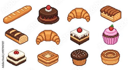 A colorful assortment of pixel art pastries including cakes, croissants, and cupcakes arranged artistically