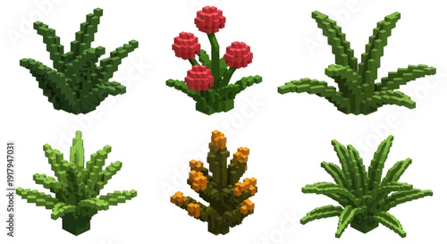 A collection of pixel-art style plants featuring various leafy shapes and colorful flowers