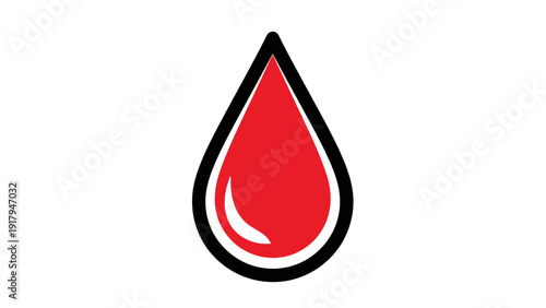 A stylized blood drop graphic, red interior with a white highlight, black outline, set against white