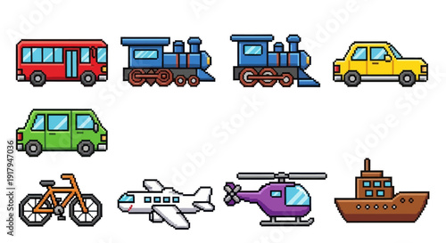 A collection of colorful pixel art vehicles including a bus, train, cars, bicycle, airplane, and boat