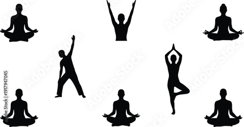 Yoga and Meditation Silhouette Set with Tree Pose, Stretching and Lotus Positions for Wellness Concept