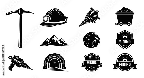 A collection of mining icons, including tools, equipment, mountains, and badges, in black graphics