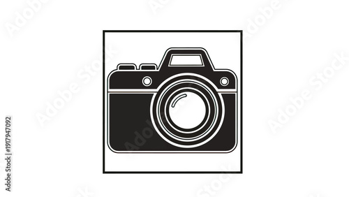 A black and white vector outline of a classic camera. It is in a black square on white background