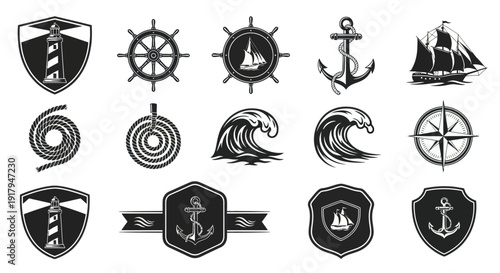 A collection of nautical-themed icons featuring lighthouses, ships, anchors, and ocean waves
