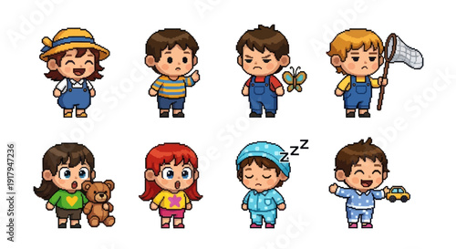 Eight pixel-art children in various playful and emotional poses, showcasing diverse outfits and activities