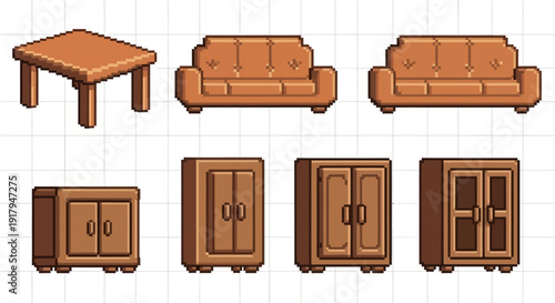 A pixel art collection featuring a wooden table, two sofas, and three cabinets in warm tones