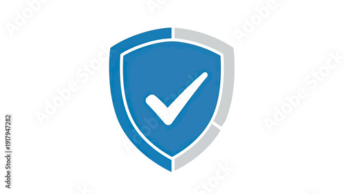 A blue shield icon with a white check mark, outlined in gray, on a white background