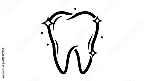 A simple black and white dental illustration, a stylized molar with sparkle highlights on a white backdrop