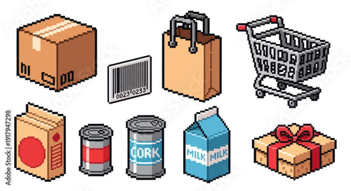 A collection of pixel art retail items including boxes, bags, cans, milk, and a shopping cart