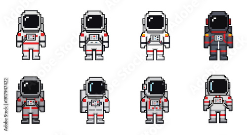 Eight pixelated astronaut figures in various orientations, featuring different color patterns and designs