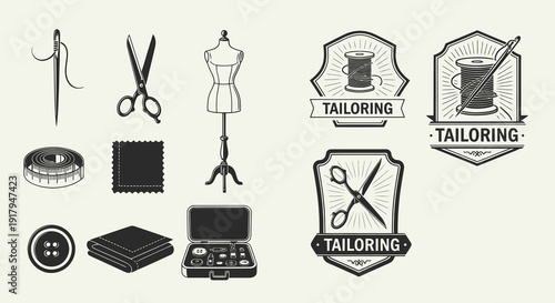 A collection of tailoring tools, including scissors, needles, buttons, and fabric swatches