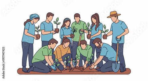 Diverse group planting trees for community garden initiative