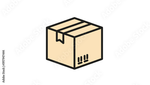 A cartoon-style beige box with black outlines, top straps and "fragile" icons