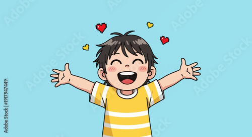 A joyful boy in a striped shirt gleefully opens his arms wide with colorful hearts floating above