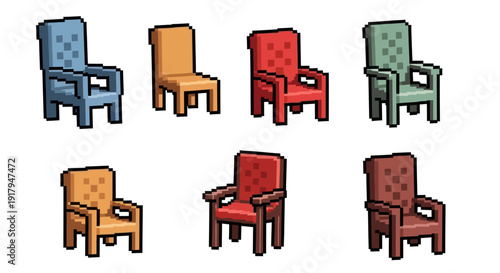 A collection of pixel art chairs in various colors arranged in two rows, showcasing different styles