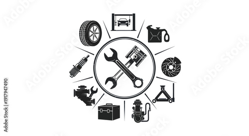A circular arrangement of car repair icons, including wrenches, engine parts, and oil containers