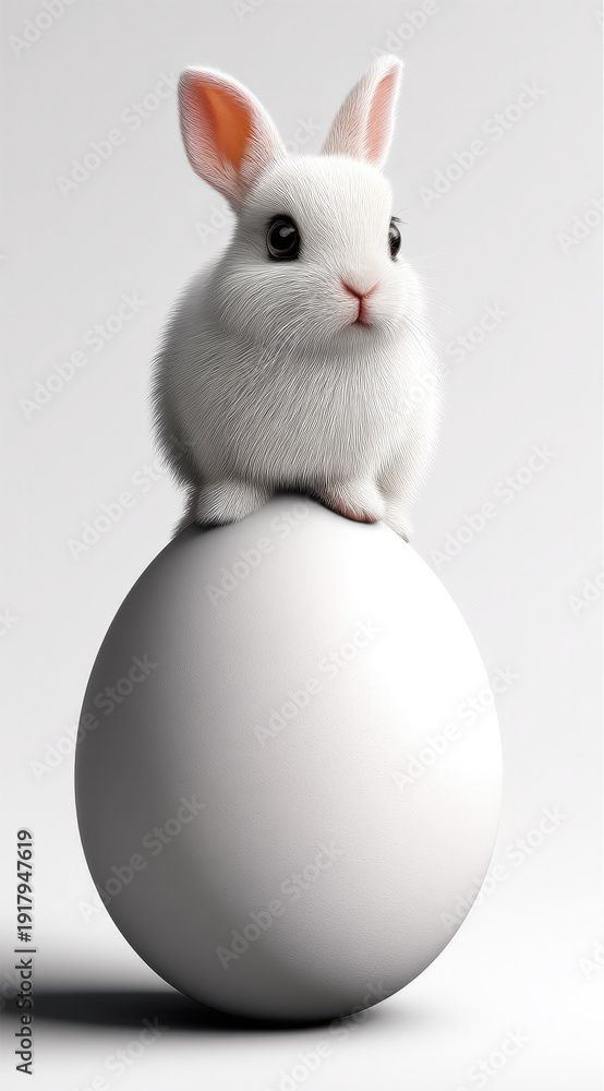 Fototapeta premium Cute white rabbit fluffy fur big eyes sitting on smooth egg minimal background soft lighting adorable animal Easter theme