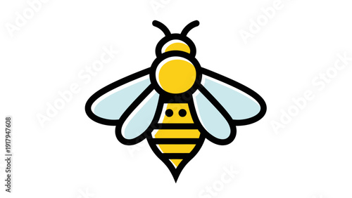 A cartoon bee illustration with black outlines, yellow body and head, and light blue wings, on white