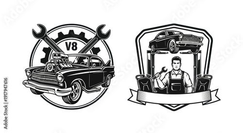 A vintage V8 car emblem paired with a mechanic silhouette holding a wrench, symbolizing automotive skills