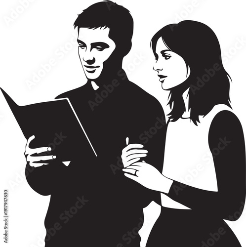 A couple reads together depicted in a high contrast black and white style