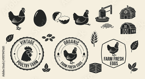 A collection of vintage farm-related illustrations featuring chickens, eggs, barns, and leaves